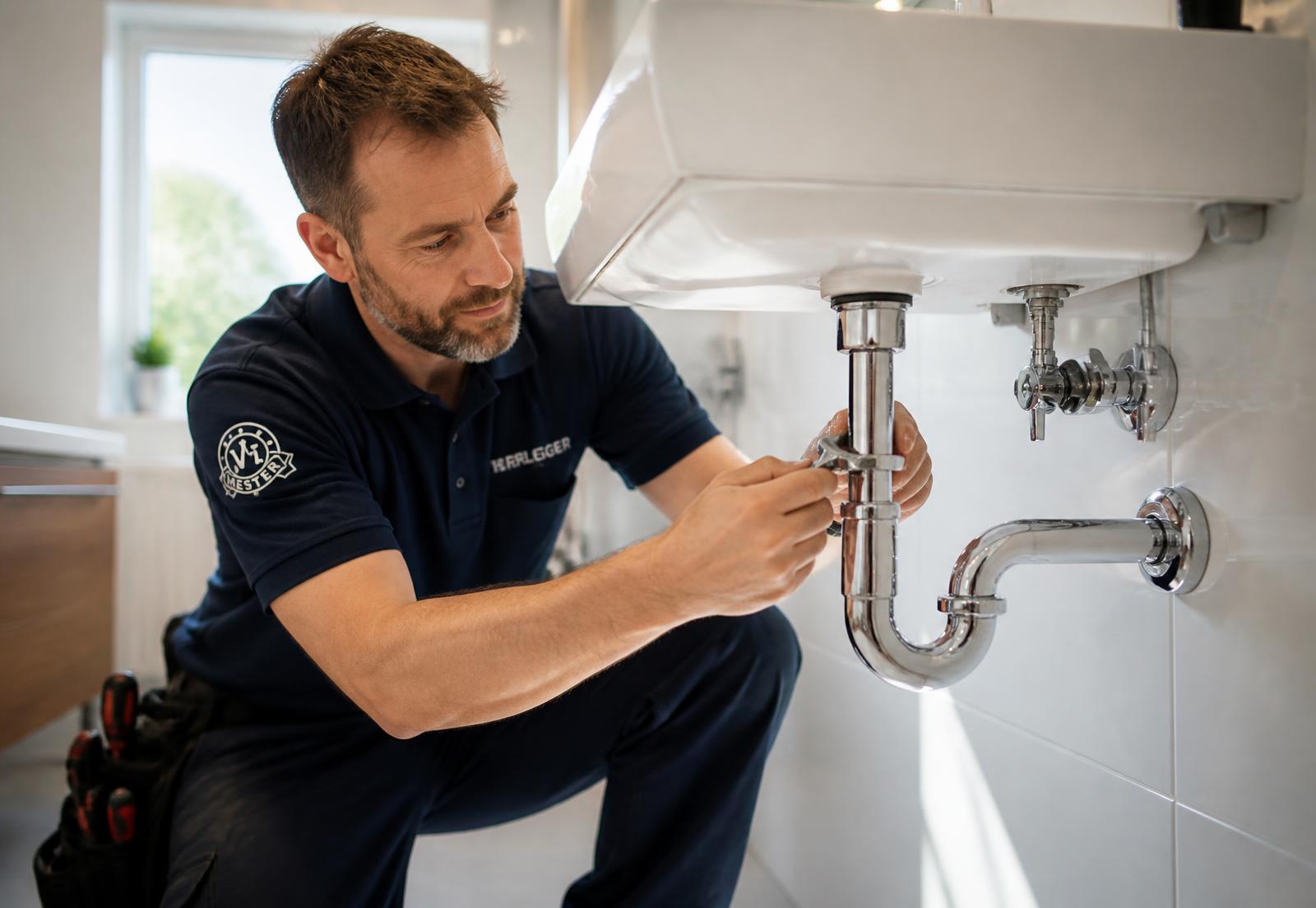 Rørlegger fra Brødrene JT monterer nye rør under en vask på badet